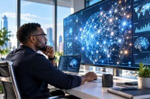 A researcher monitors an advanced artificial intelligence system as OpenAI board member Paul Christiano warns that the AI industry is not yet doing enough to prevent a future catastrophic loss of human control.