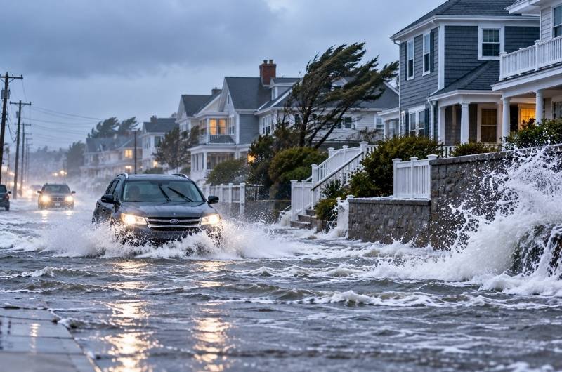 Strong winds and coastal flooding batter an East Coast neighborhood as a powerful nor’easter brings dangerous conditions from the Mid-Atlantic to New England.