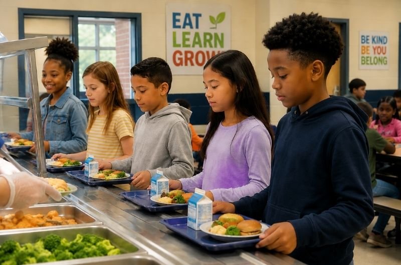Students move through a school cafeteria lunch line as changes to SNAP eligibility could affect automatic access to free school meals for some children and families.