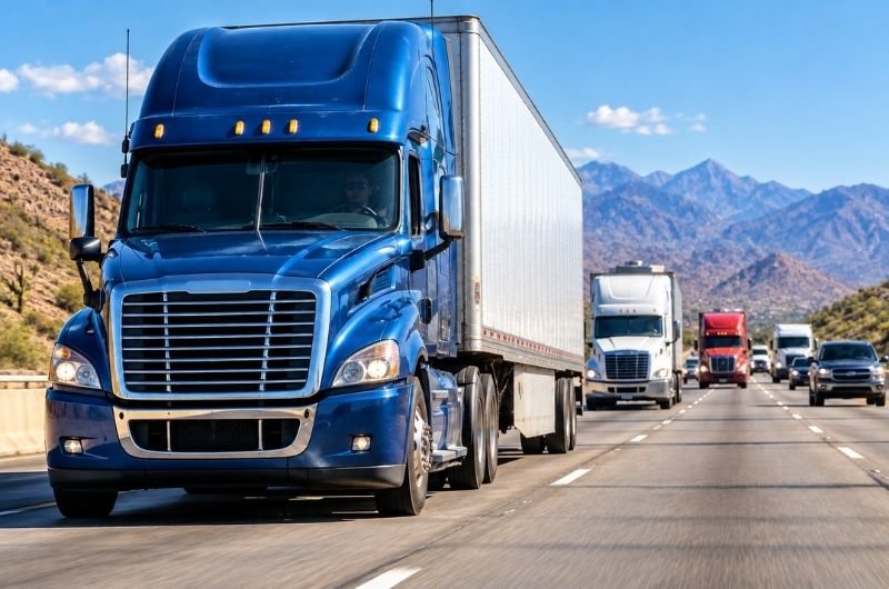 emi-trucks travel along a U.S. highway as record diesel prices squeeze owner-operators and fuel talk of a possible nationwide trucking shutdown.