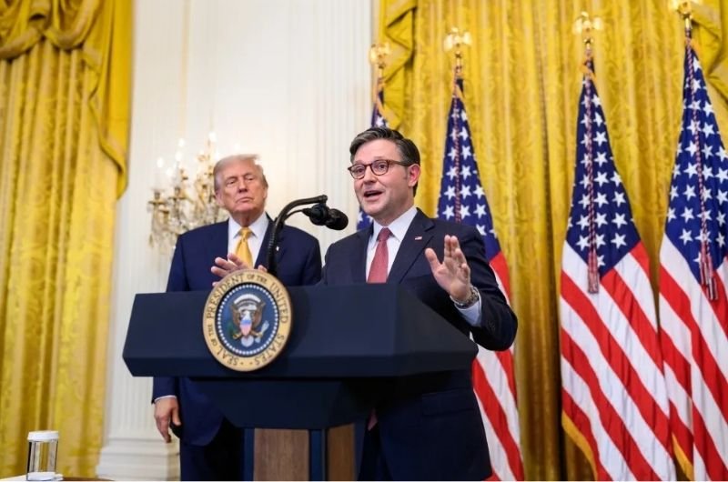 President Trump and Mike Johnson speak to republican members of Congress.