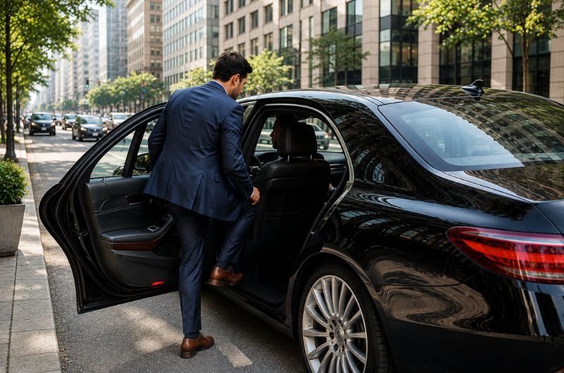 A passenger enters a black sedan on a busy downtown street as Uber prepares to cut about 3,300 jobs in a major restructuring of its global workforce.