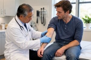 A doctor examines a patient as U.S. measles cases climb past 3,600 amid continuing outbreaks across the country.