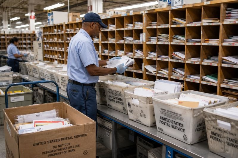 A U.S. Postal Service employee sorts mail at a processing facility as concerns emerge over new procedures being developed for handling mail ballots ahead of the November midterm elections.