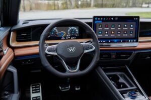 A Volkswagen vehicle interior highlights the steering system as the automaker recalls more than 208,000 U.S. vehicles over a steering rack mounting bolt that could fail.