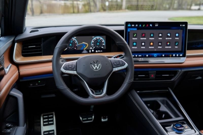 A Volkswagen vehicle interior highlights the steering system as the automaker recalls more than 208,000 U.S. vehicles over a steering rack mounting bolt that could fail.