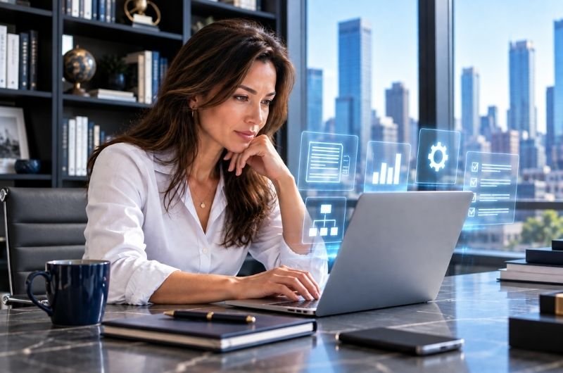 A professional uses AI tools in a modern workplace as Anthropic rolls out Claude Opus 5.5 with faster performance and lower operating costs.
