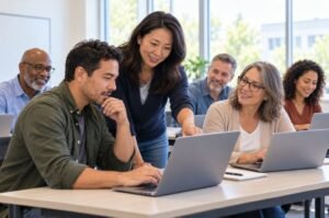 Adult learners work with an instructor in a skills training session, as programs test whether monthly payments can help workers afford time to retrain.