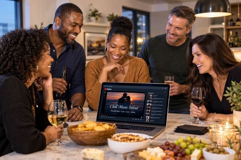 Friends gather around a laptop for an evening of music, conversation, and refreshments, illustrating how AI-generated songs are becoming part of everyday listening experiences.
