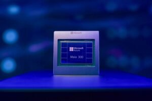 A prototype of Microsoft's Maia 300 AI accelerator chip, developed to improve the efficiency of running artificial intelligence models in the company's data centers.