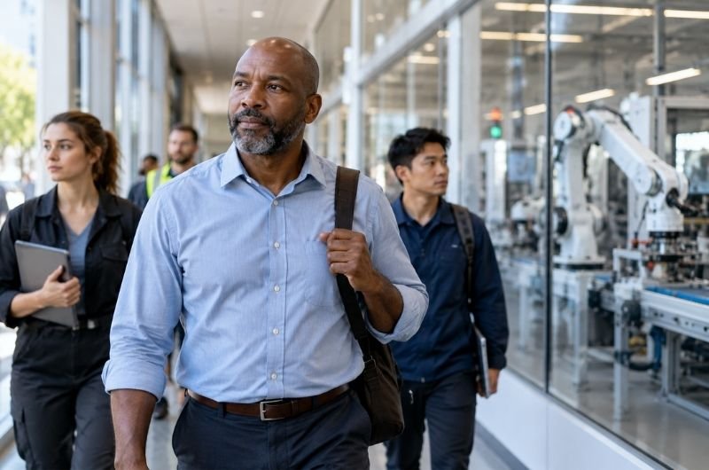 Workers move through a modern automated workplace as a new Reuters/Ipsos poll finds widespread concern among registered voters surveyed about artificial intelligence’s impact on American jobs.