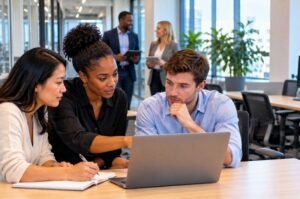 Employees collaborate in a modern workplace as new research finds that access to AI and its benefits remains uneven across the U.S. workforce.