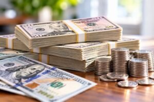Stacks of U.S. currency and coins illustrate the growing wealth of American households as stock market gains remain unevenly distributed.