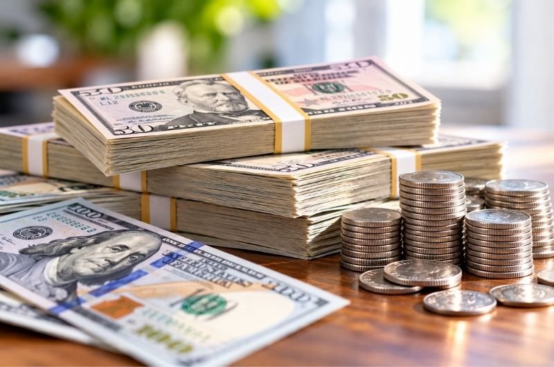 Stacks of U.S. currency and coins illustrate the growing wealth of American households as stock market gains remain unevenly distributed.