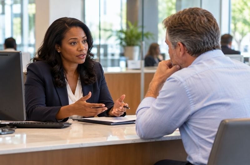 A bank representative discusses account services with a customer as federal regulators examine account closure practices at nine major U.S. banks.