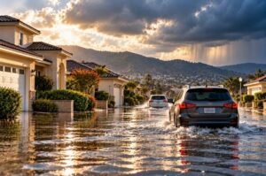 A flooded California neighborhood illustrates the heightened risk of heavy rain and flooding as a potentially historic El Niño develops for the 2026–27 winter.