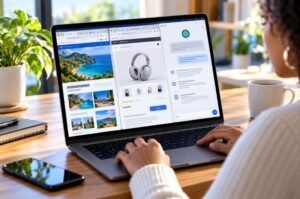 A user works across travel, shopping and AI chat windows as ChatGPT's expanded Chrome integration brings new capabilities for accessing information and completing tasks across websites.