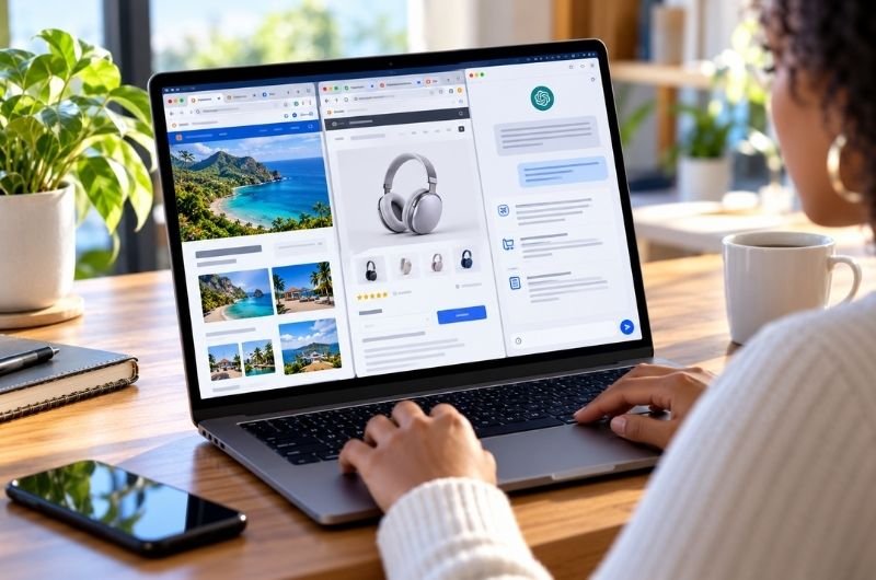 A user works across travel, shopping and AI chat windows as ChatGPT's expanded Chrome integration brings new capabilities for accessing information and completing tasks across websites.