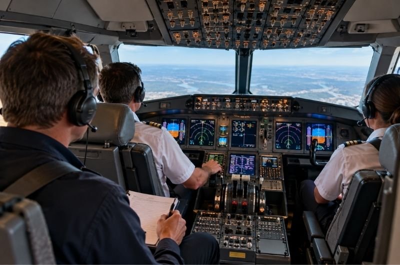 An air traffic controller observes pilots during a commercial flight, illustrating the FAA's renewed program to give controllers firsthand cockpit experience.