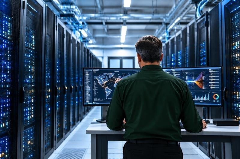 A cybersecurity specialist monitors computer systems inside a data center as the U.S. government orders Chinese-developed DeepSeek AI technology removed from federal civilian networks.