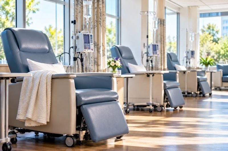 An empty infusion treatment center highlights advances in cancer care as a newly approved immunotherapy offers some rectal cancer patients the possibility of avoiding surgery, chemotherapy, and radiation.