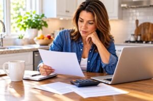 A woman reviews household finances as Americans weigh the impact of Federal Reserve interest rate decisions on credit cards, mortgages and savings.