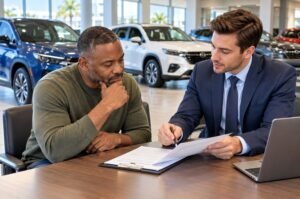 A customer reviews vehicle purchase documents with a salesperson at a car dealership as federal regulators target allegedly deceptive pricing practices.