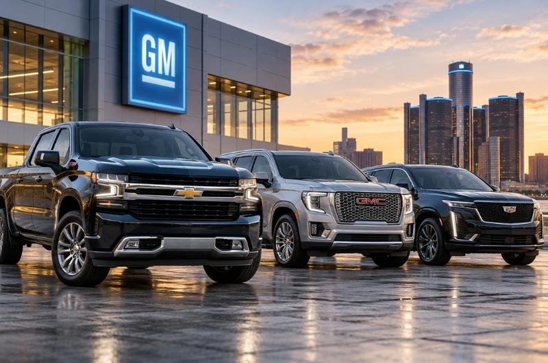 A conceptual depiction of Chevrolet, GMC, and Cadillac vehicles against the Detroit skyline, representing General Motors as the automaker announces a $20 billion stock buyback following strong third-quarter earnings.