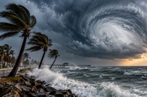 Powerful waves crash against a coastal shoreline as hurricane-force winds threaten communities along the northern Gulf Coast ahead of Hurricane Isaias.