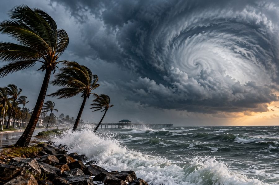 Powerful waves crash against a coastal shoreline as hurricane-force winds threaten communities along the northern Gulf Coast ahead of Hurricane Isaias.