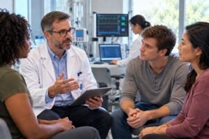 A research physician speaks with prospective clinical trial participants as federal health officials move toward government-funded studies of ibogaine for opioid-use disorder and PTSD.