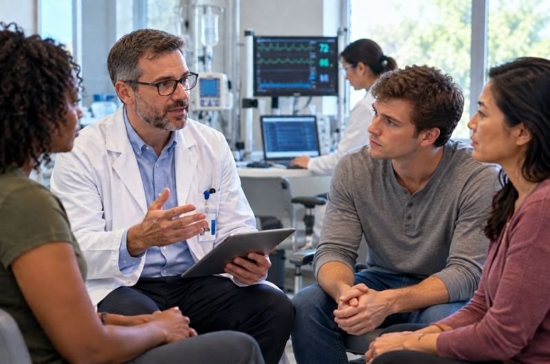 A research physician speaks with prospective clinical trial participants as federal health officials move toward government-funded studies of ibogaine for opioid-use disorder and PTSD.