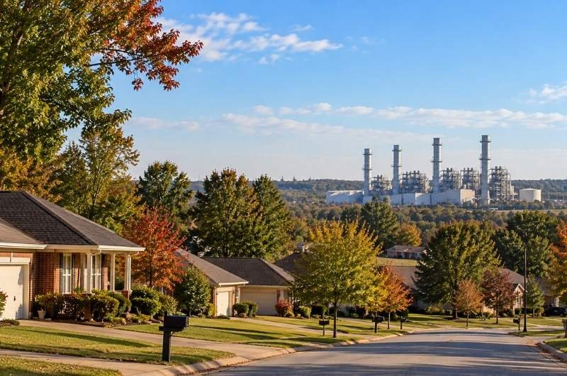 A residential neighborhood with industrial infrastructure visible in the distance illustrates concerns surrounding Elon Musk's AI expansion and proposed homeowner buyouts in Southaven, Mississippi.