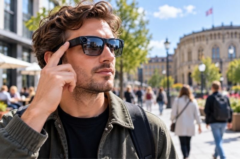 A depiction of a man wearing camera-equipped smart glasses in a public space. Norway is moving toward temporary restrictions on AI-powered smart glasses in some public locations over privacy concerns.