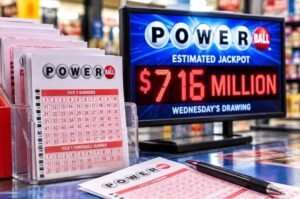 Powerball tickets and a lottery display highlight the estimated $716 million jackpot for the October 28, 2026, drawing. The cash option is estimated at $307.2 million before taxes.