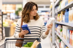 A shopper compares everyday grocery products as rising manufacturing and transportation costs threaten to push prices higher in 2027.