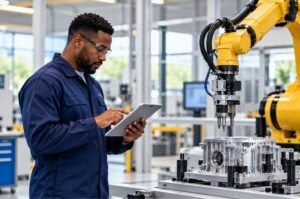 An engineer works alongside automated manufacturing equipment in a modern factory. Schneider Electric’s $22.6 billion deal for PTC would expand its industrial software and automation business.