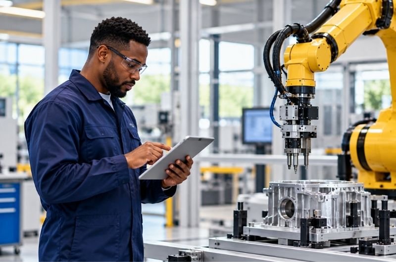 An engineer works alongside automated manufacturing equipment in a modern factory. Schneider Electric’s $22.6 billion deal for PTC would expand its industrial software and automation business.