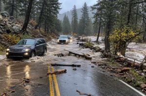 Vehicles navigate a flooded roadway surrounded by trees and storm debris in a depiction of the dangerous conditions affecting communities across the Southwestern United States.