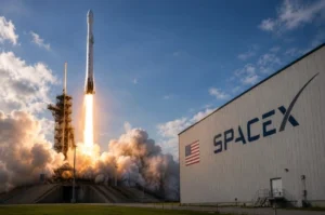A SpaceX rocket lifts off beside a company facility. SpaceX and Tesla are exploring a potential merger following SpaceX's latest quarterly earnings report.