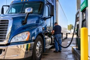 A commercial truck driver refuels at a diesel station as rising fuel prices increase transportation costs across the United States.