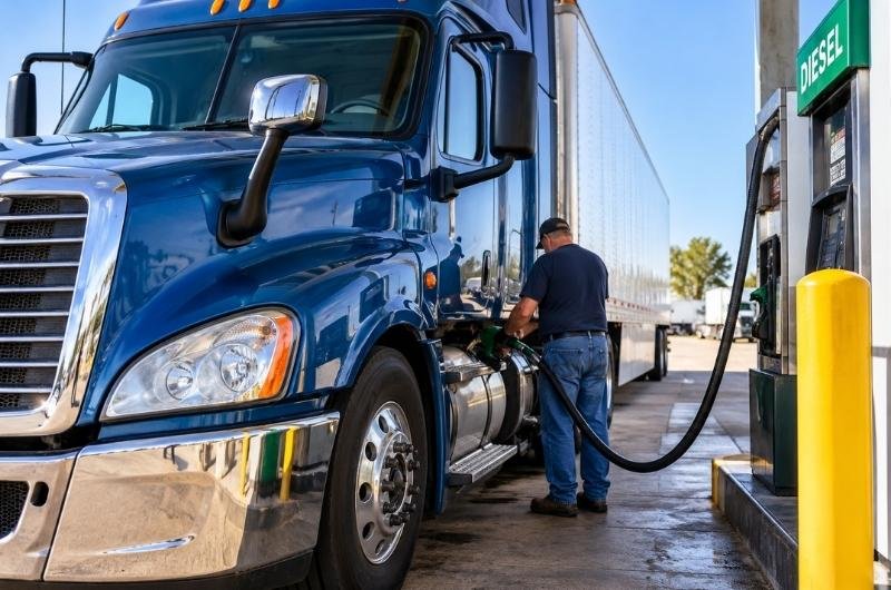 A commercial truck driver refuels at a diesel station as rising fuel prices increase transportation costs across the United States.