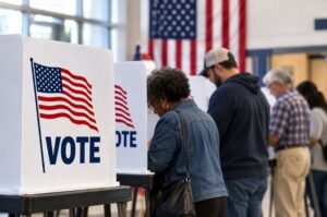 Voters cast their ballots at a U.S. polling station. A new Reuters/Ipsos poll finds President Trump's approval rating at 32% as the November 2026 midterm elections approach.