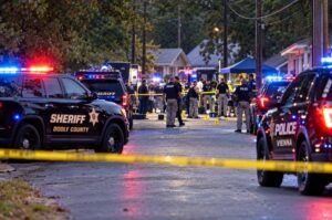 A depiction of the police response following a deadly block-party shooting in Vienna, Georgia, that left two people dead and 35 others injured.